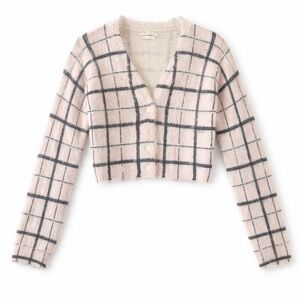 Urban Outfitters Cream and Black Windowpane V-Neck Cropped Cardigan Size Medium.
